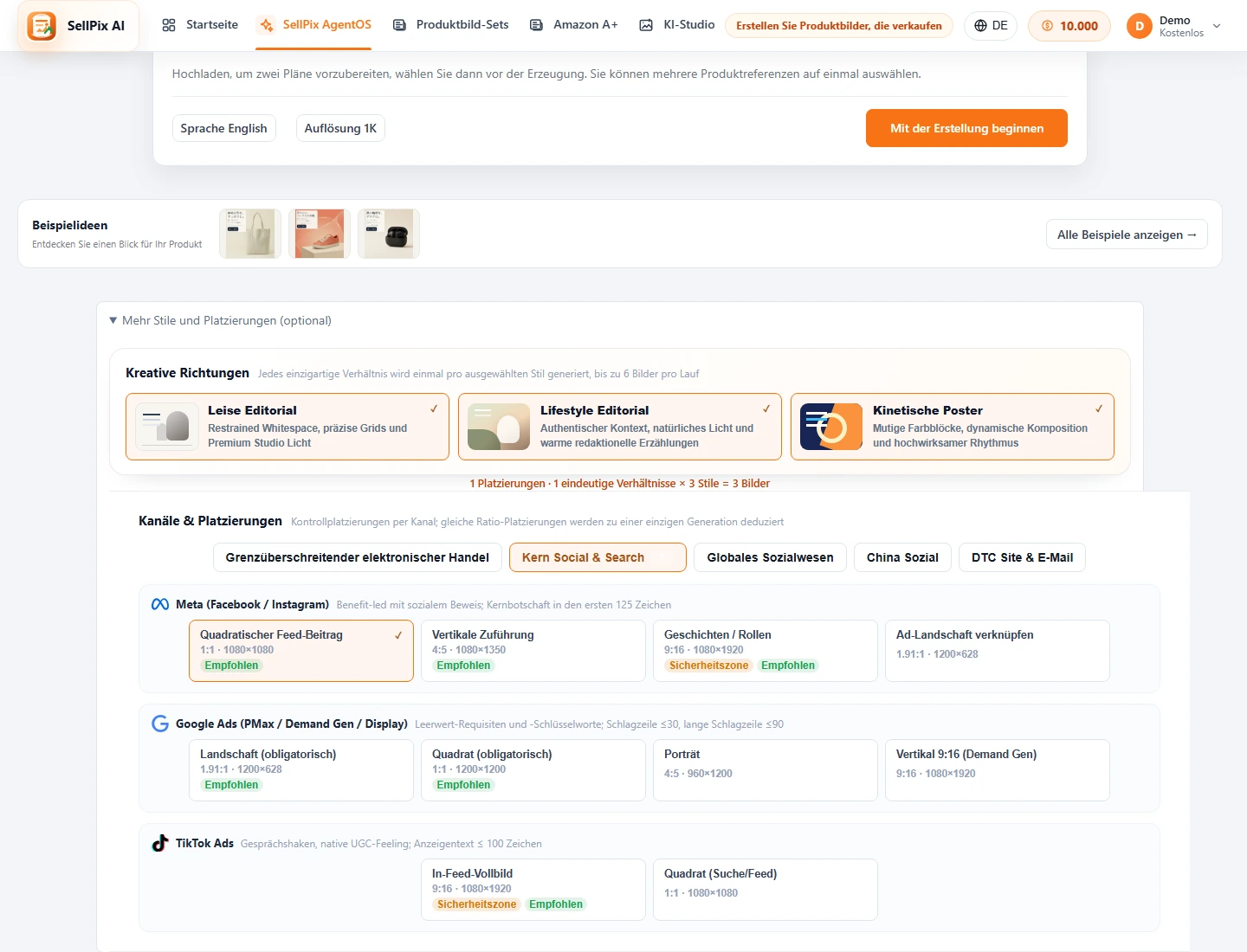 Marketing Ad Agent Kanal und Platzierung Auswahl Screenshot