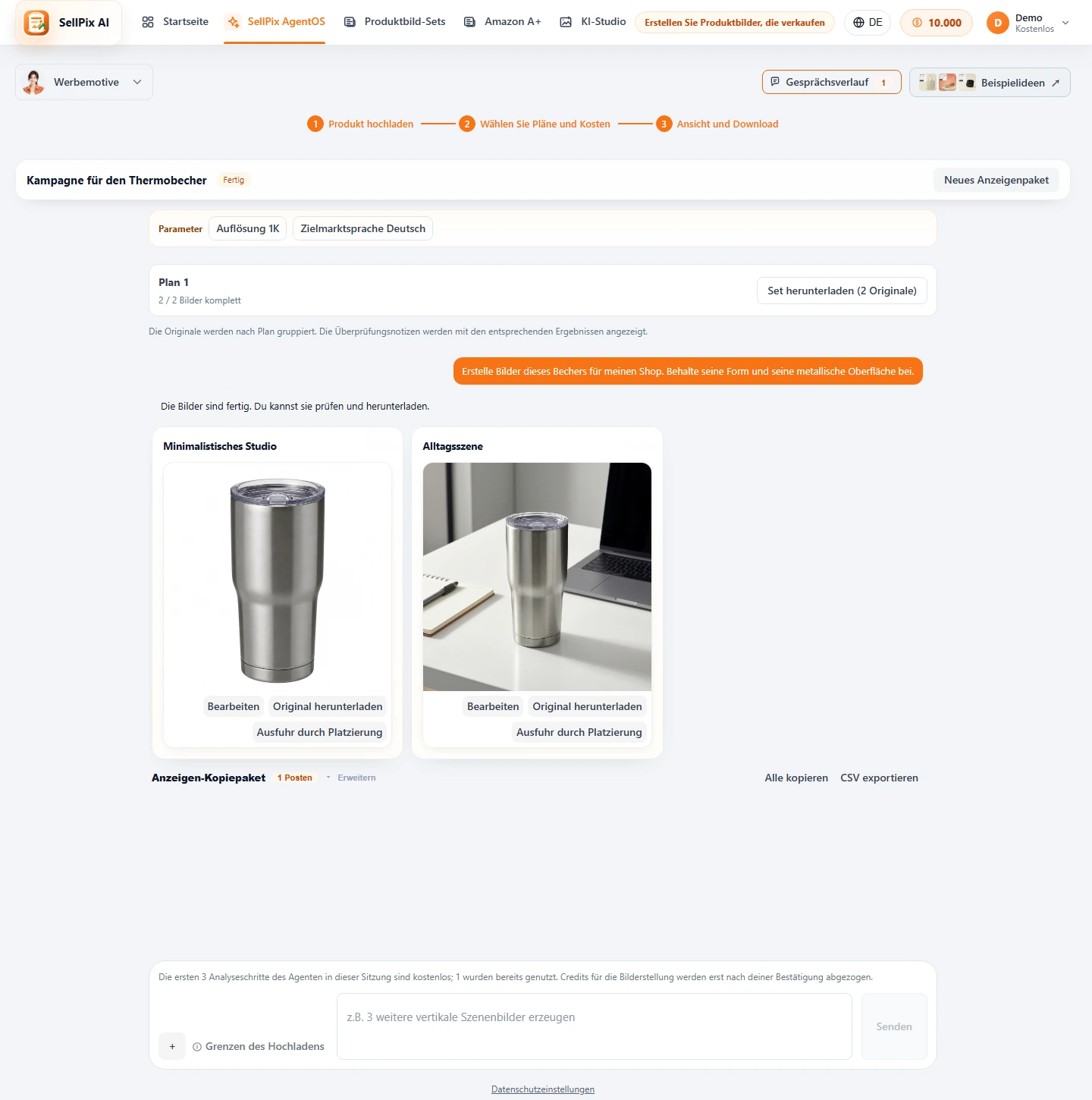 Marketing Ad Agent Ad Outputs und Platzierung Export Screenshot