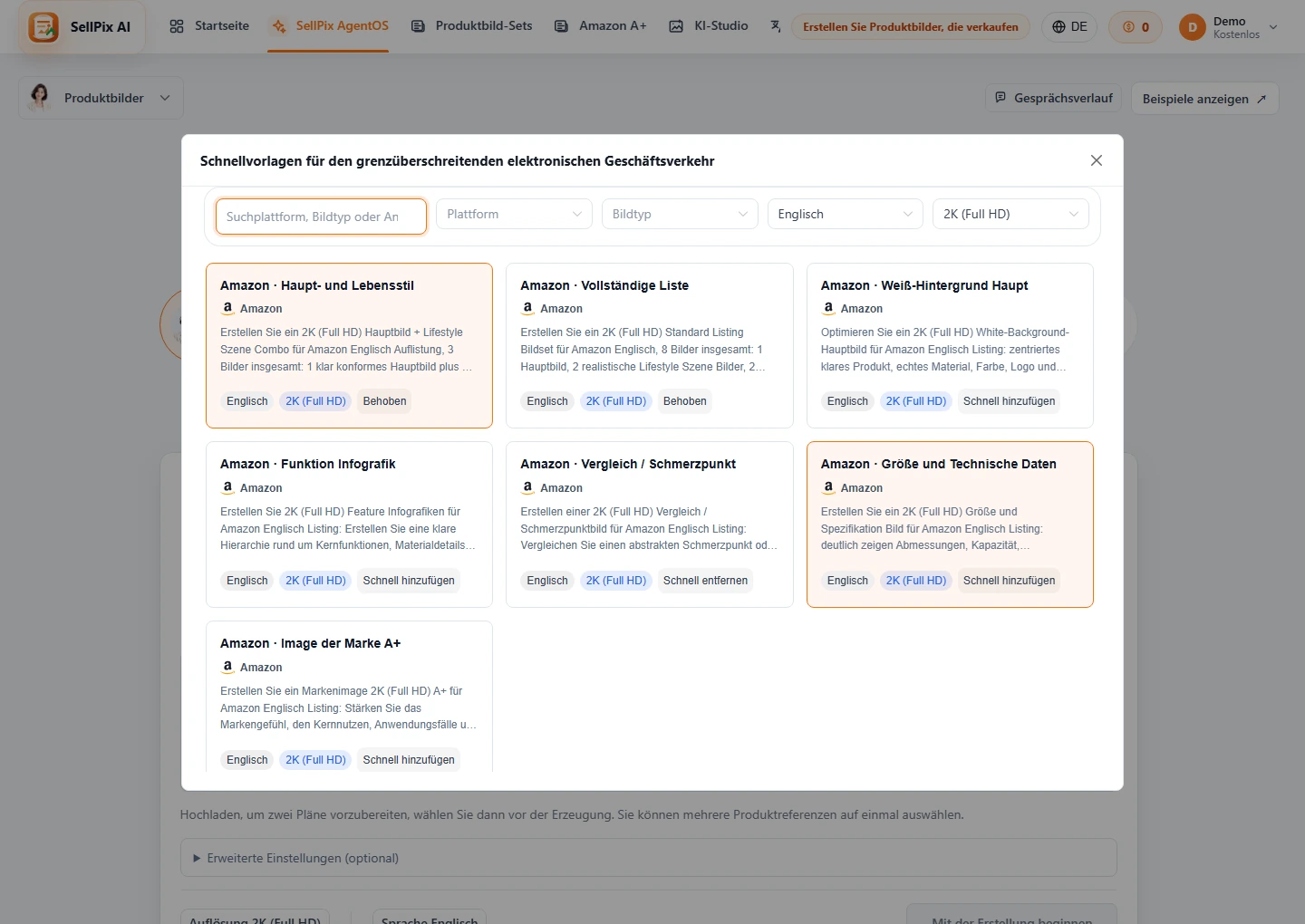 AgentOS Schnellvorlagen und einzeilige Anfrage Screenshot