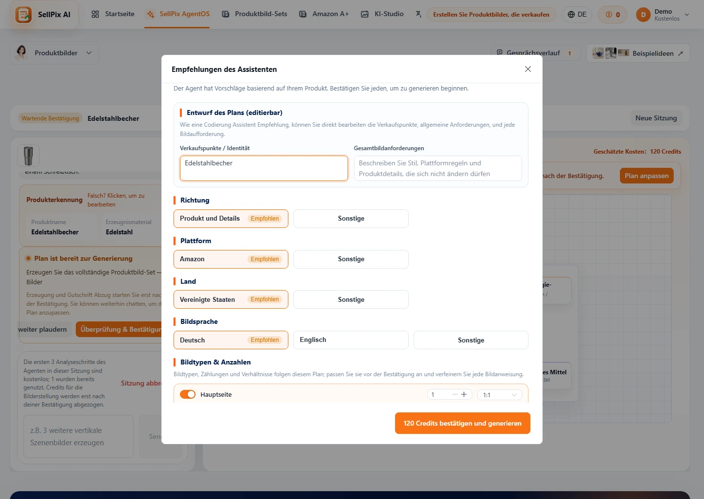 AgentOS Plattform Ländersprache und Bildtyp Empfehlung Screenshot