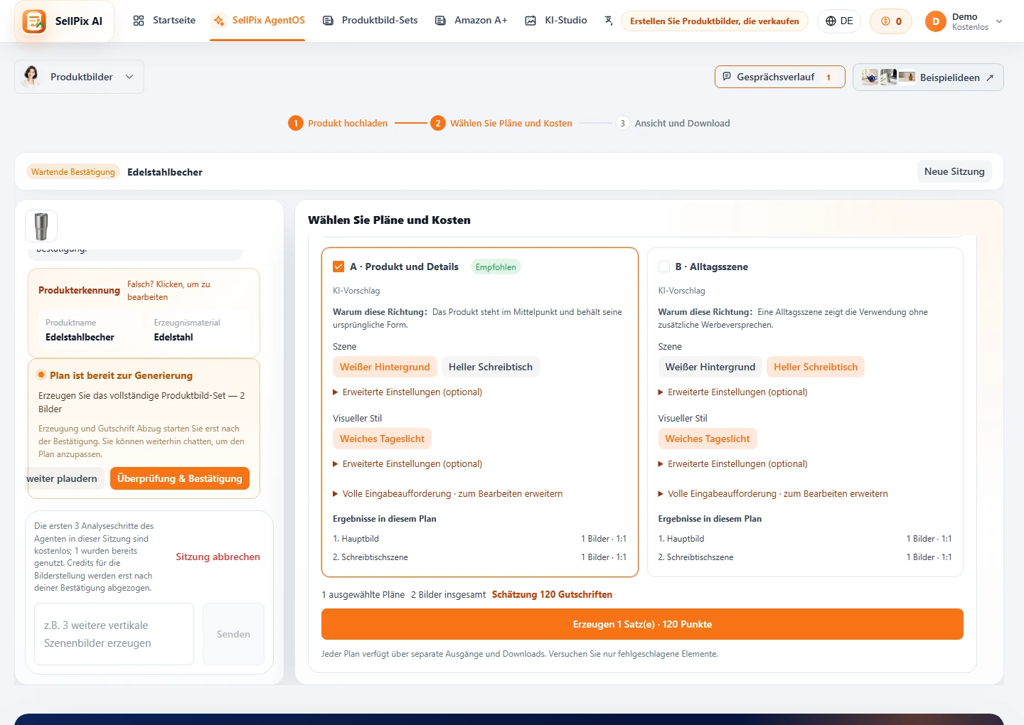 Screenshot der AgentOS-Planbestätigung und Credits-Schätzung