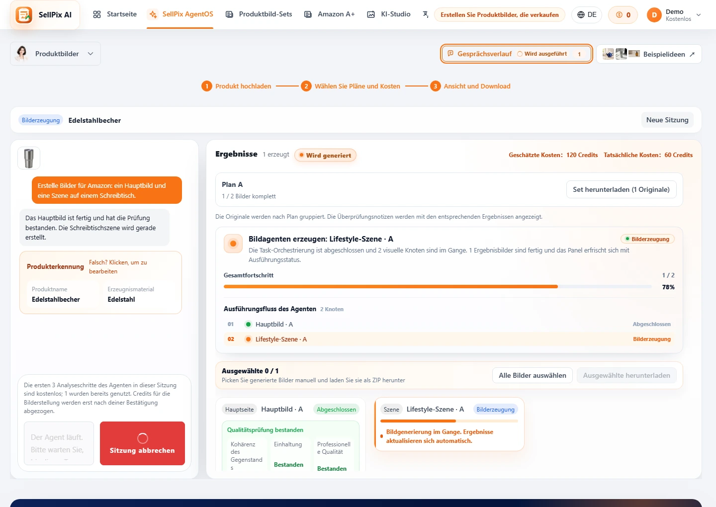 AgentOS Bildgenerierung und QA Fortschritt Screenshot