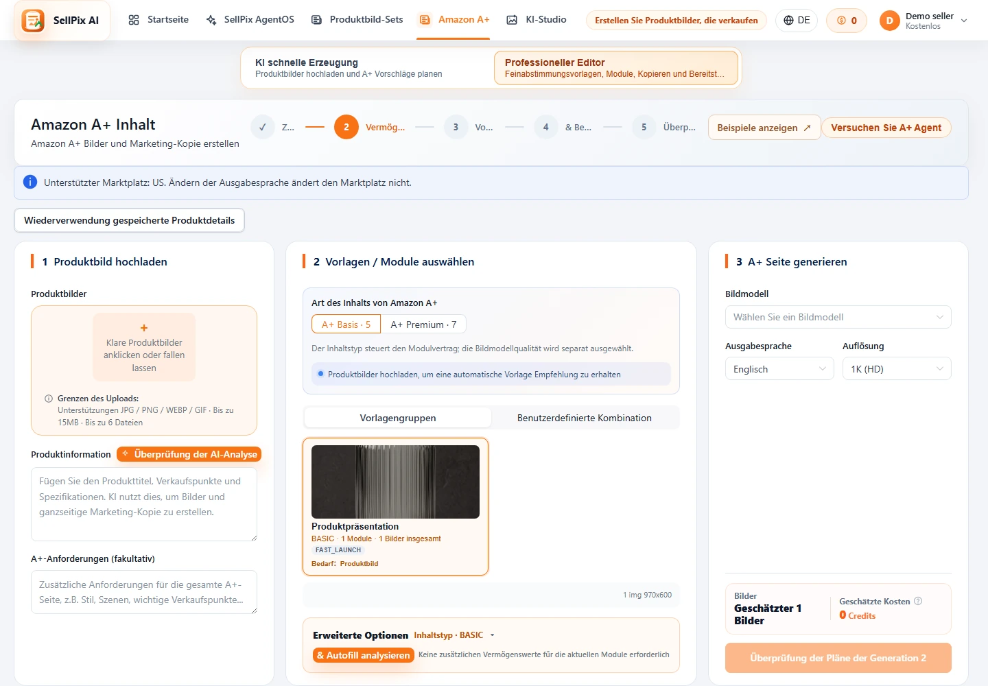 Amazon A+ Produktbild-Upload und Produktinformationsformular Screenshot