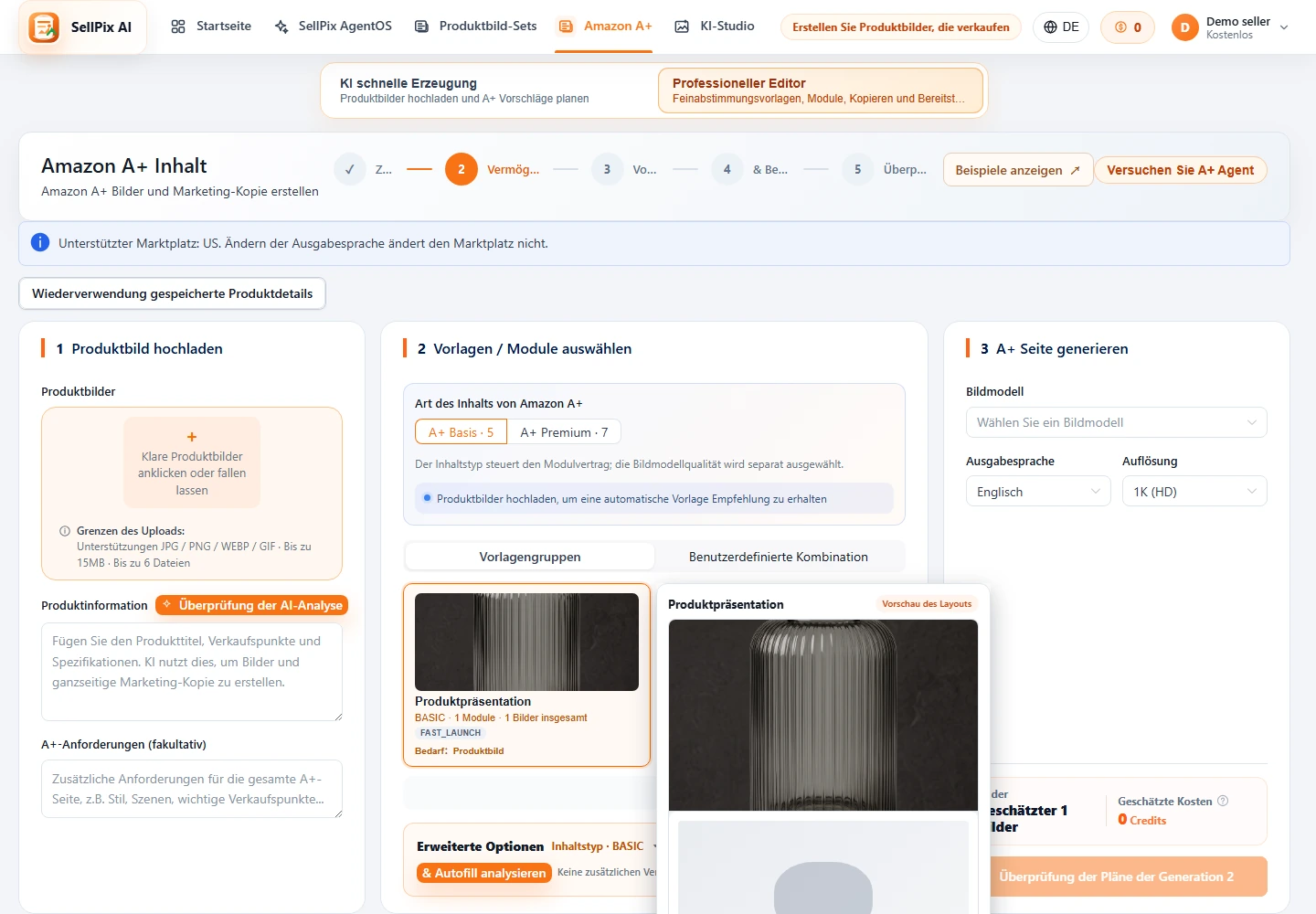 Amazon A+ Vorlagengruppen und Modulauswahl Screenshot