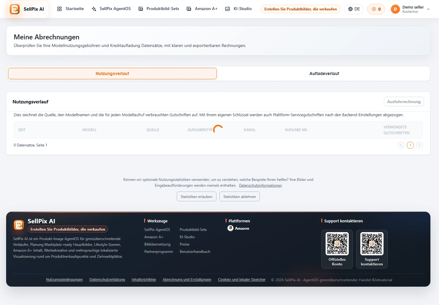 Screenshot der Credits-Buchungen und des Abrechnungsbereichs