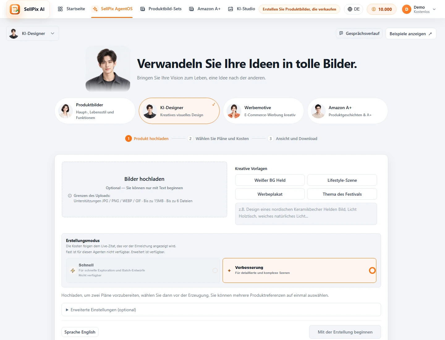 AI Designer Agent Screenshot der Startseite