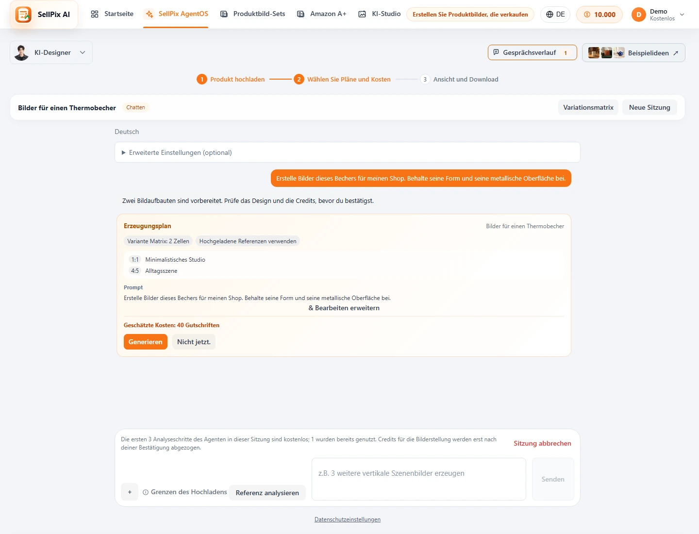 Designer Agent Bestätigungskarte und Variante Matrix Screenshot