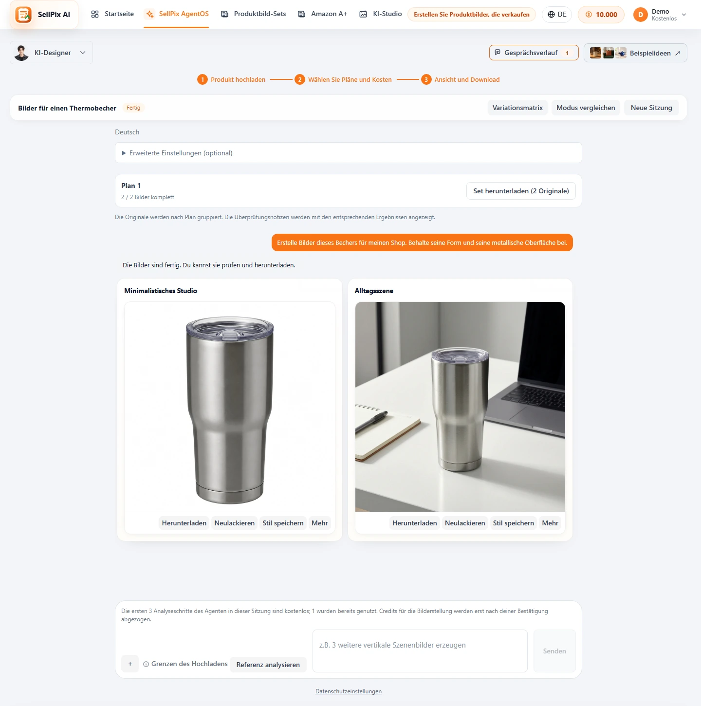 Designer Agent outputs, style saving und Export Screenshot