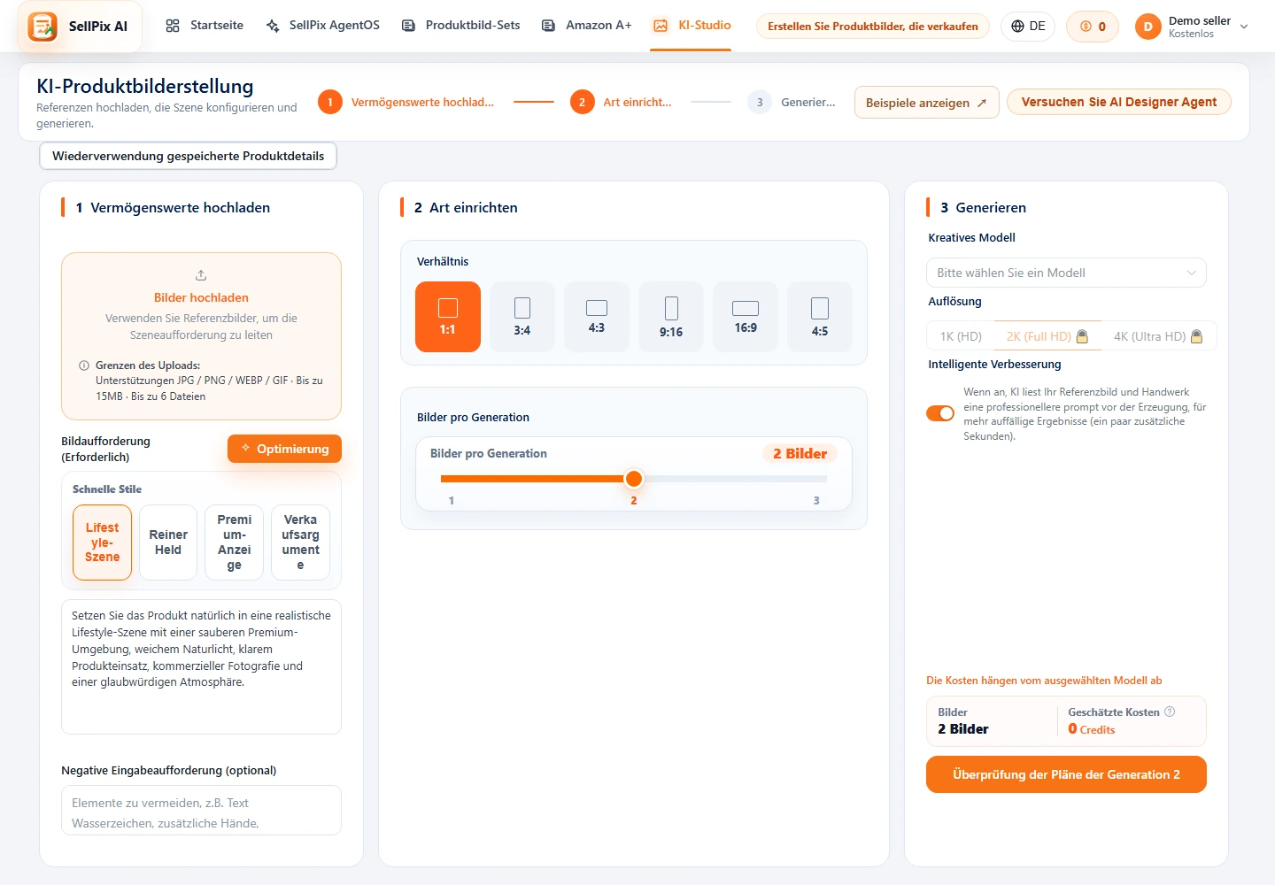 KI Produkt Bild Erstellung Form Screenshot