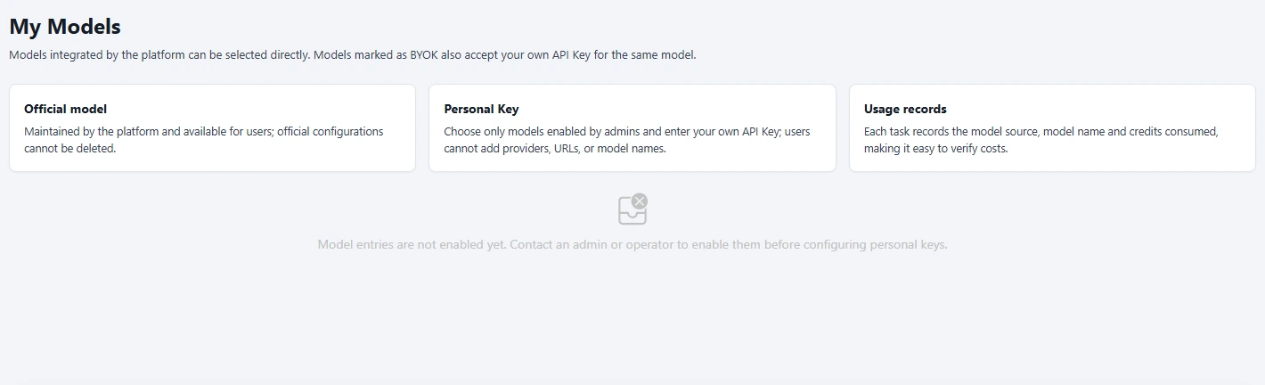 My Models configuration page screenshot