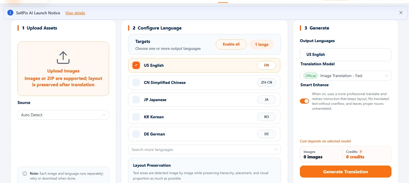 Image Translation upload and language selection screenshot