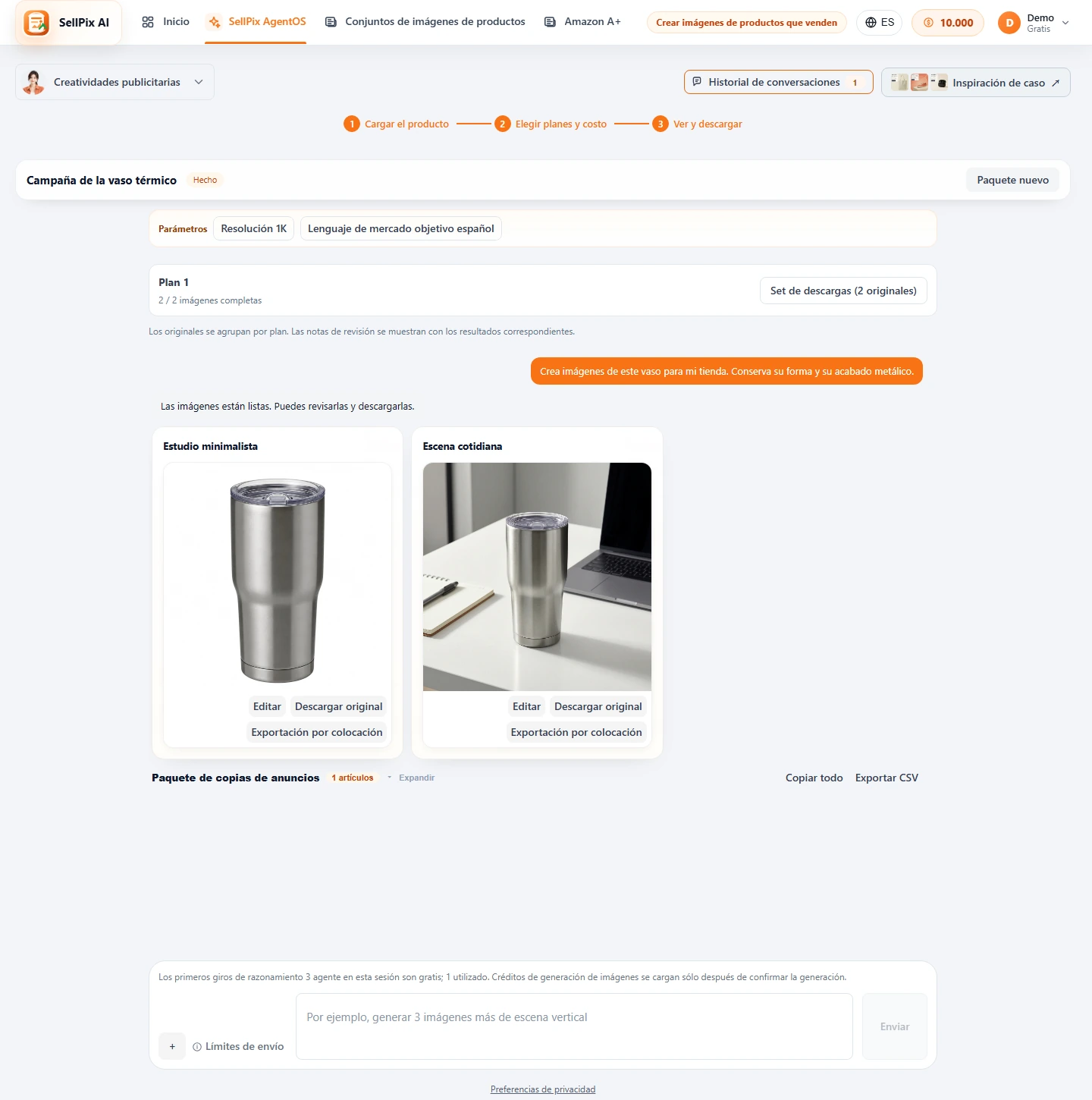 Salidas de anuncios publicitarios de Marketing Ad Agent y captura de pantalla de exportación de colocación