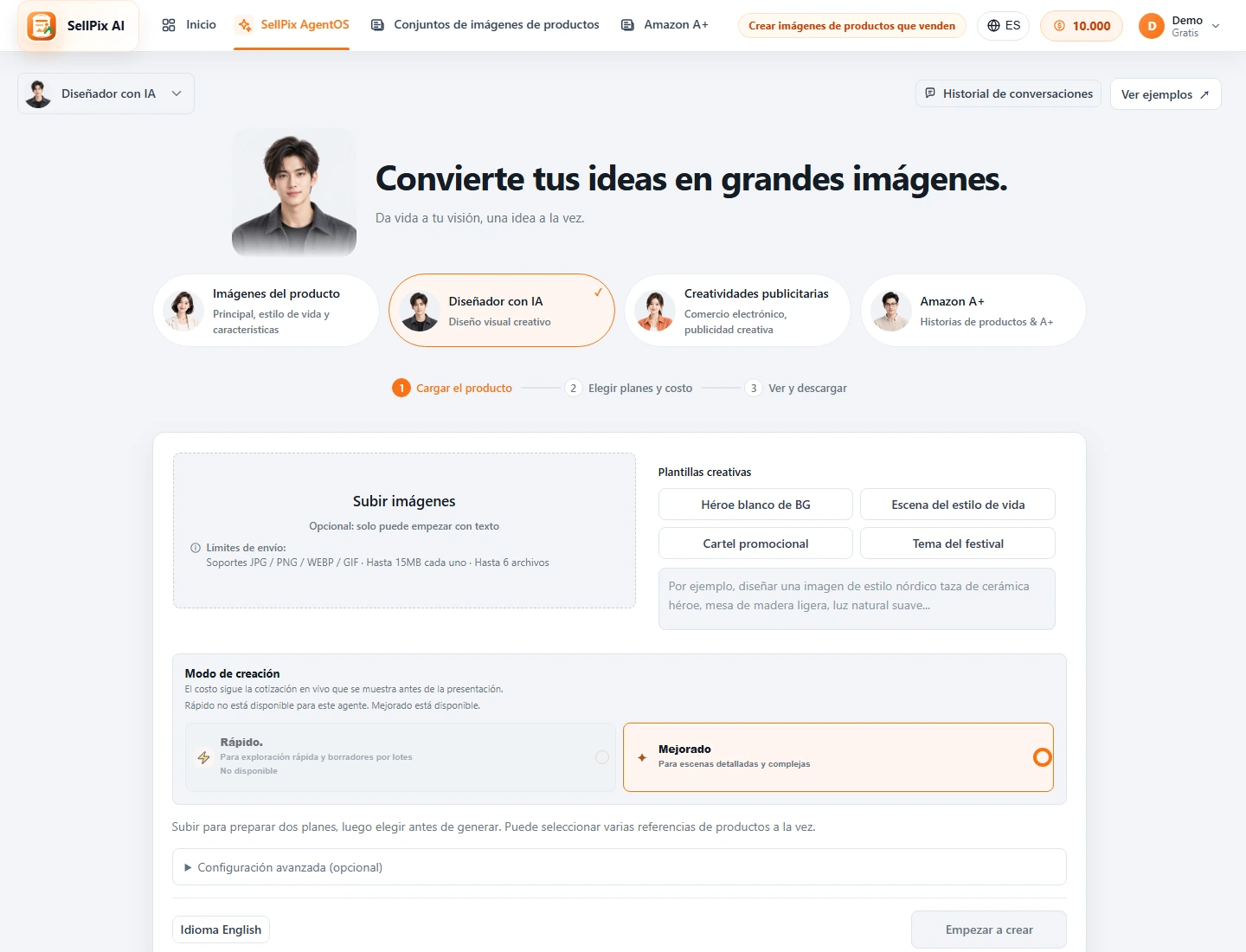 Captura de pantalla de la página de inicio de AI Designer Agent