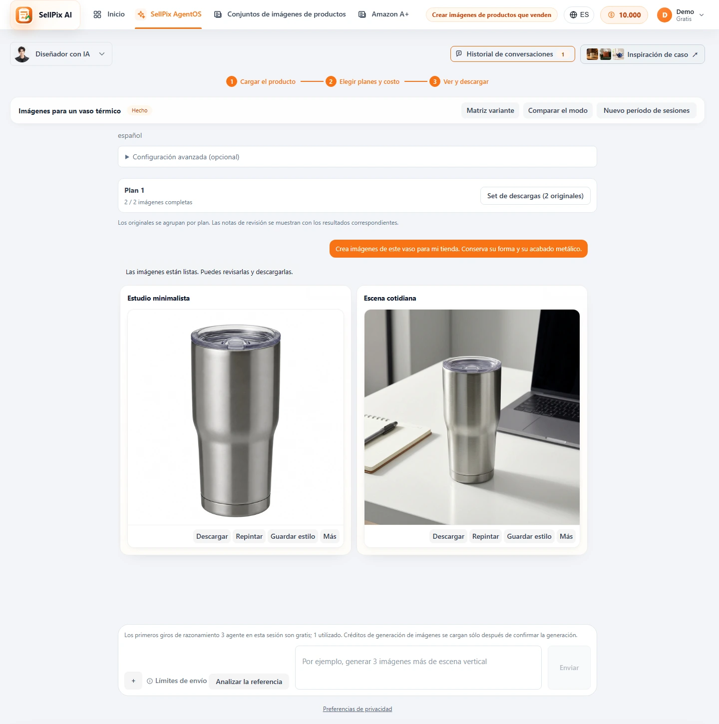 Salidas de Designer Agent, guardar estilos y exportar capturas de pantalla