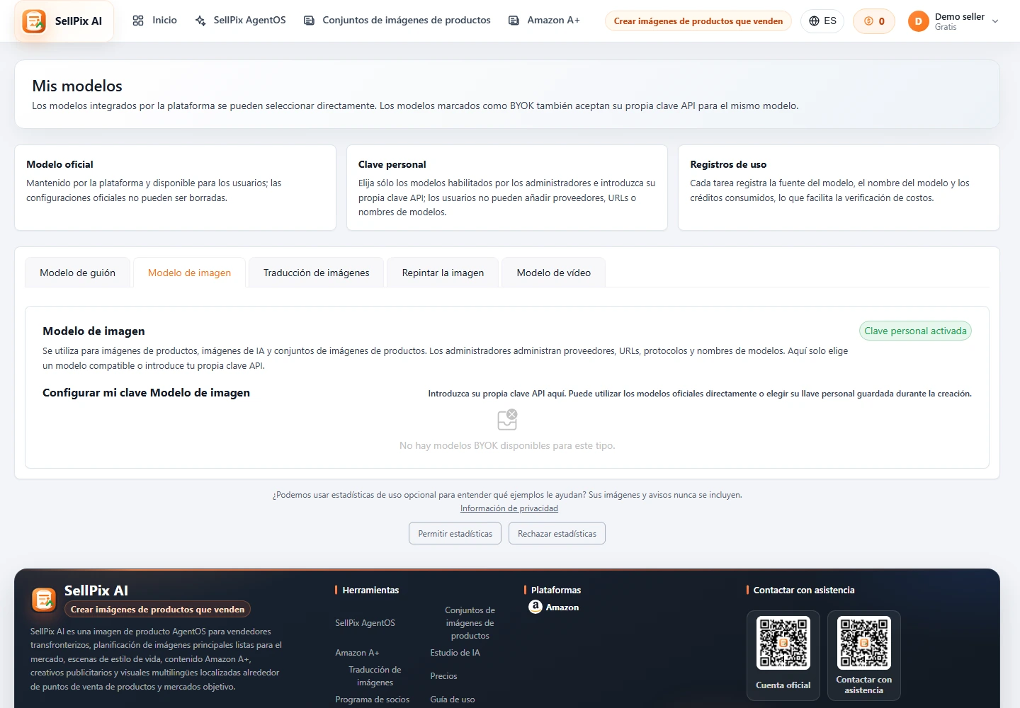 Captura de pantalla de la página de configuración de mis modelos