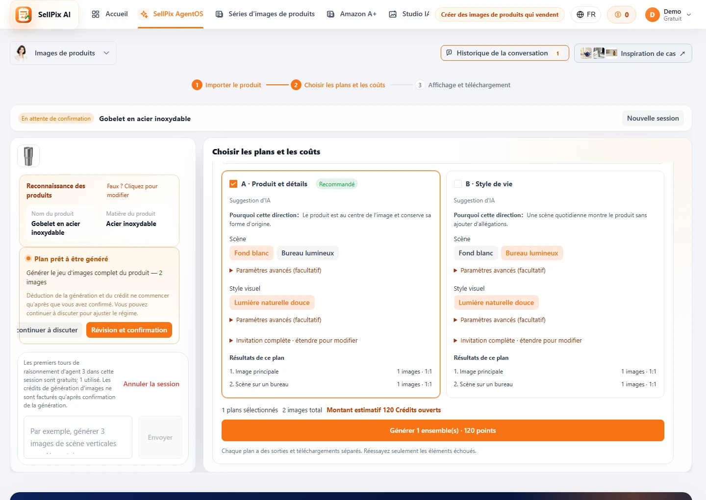 AgentOS plan confirmation et estimation de crédit screenshot