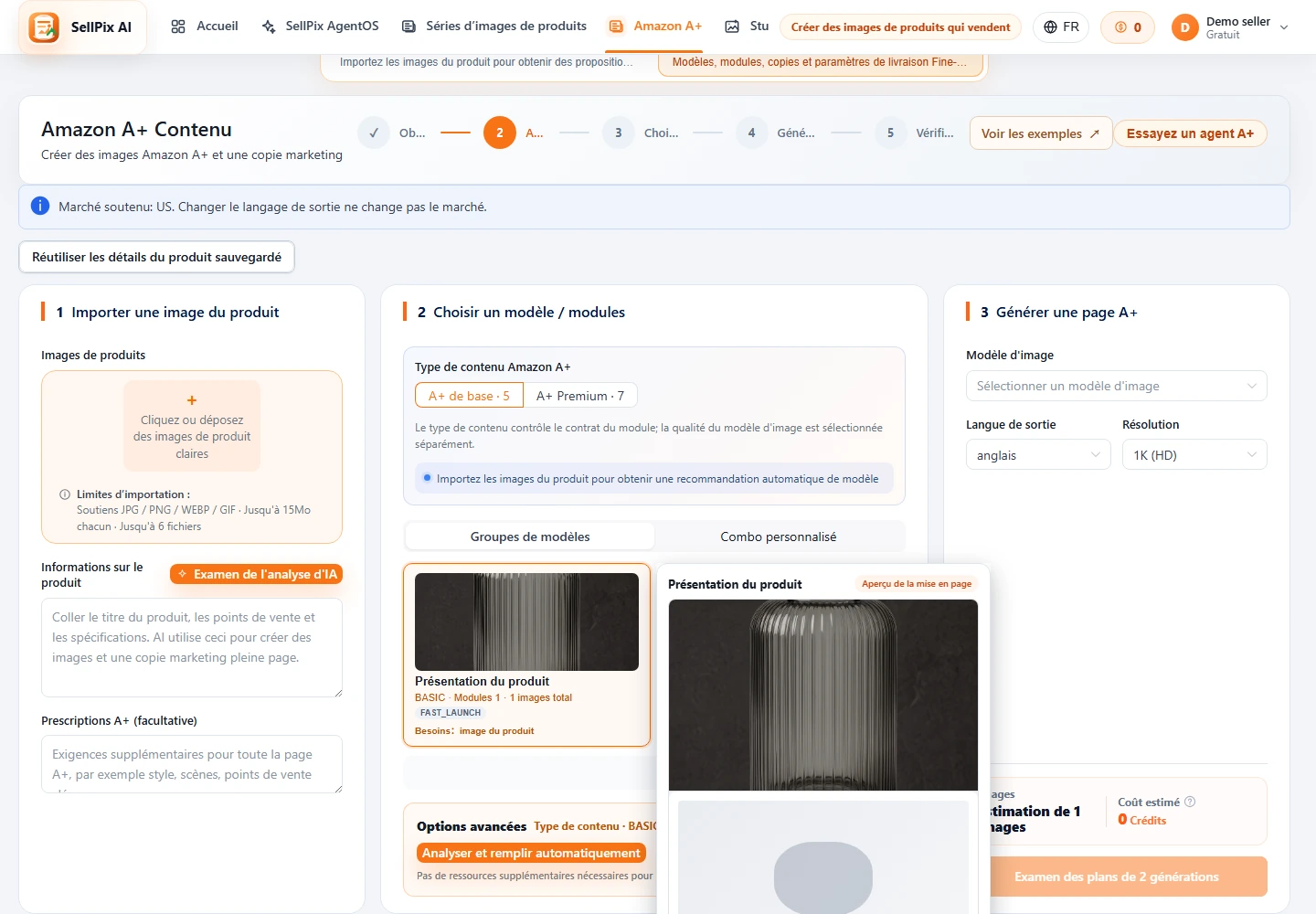 Groupes de gabarits Amazon A+ et sélection des modules screenshot