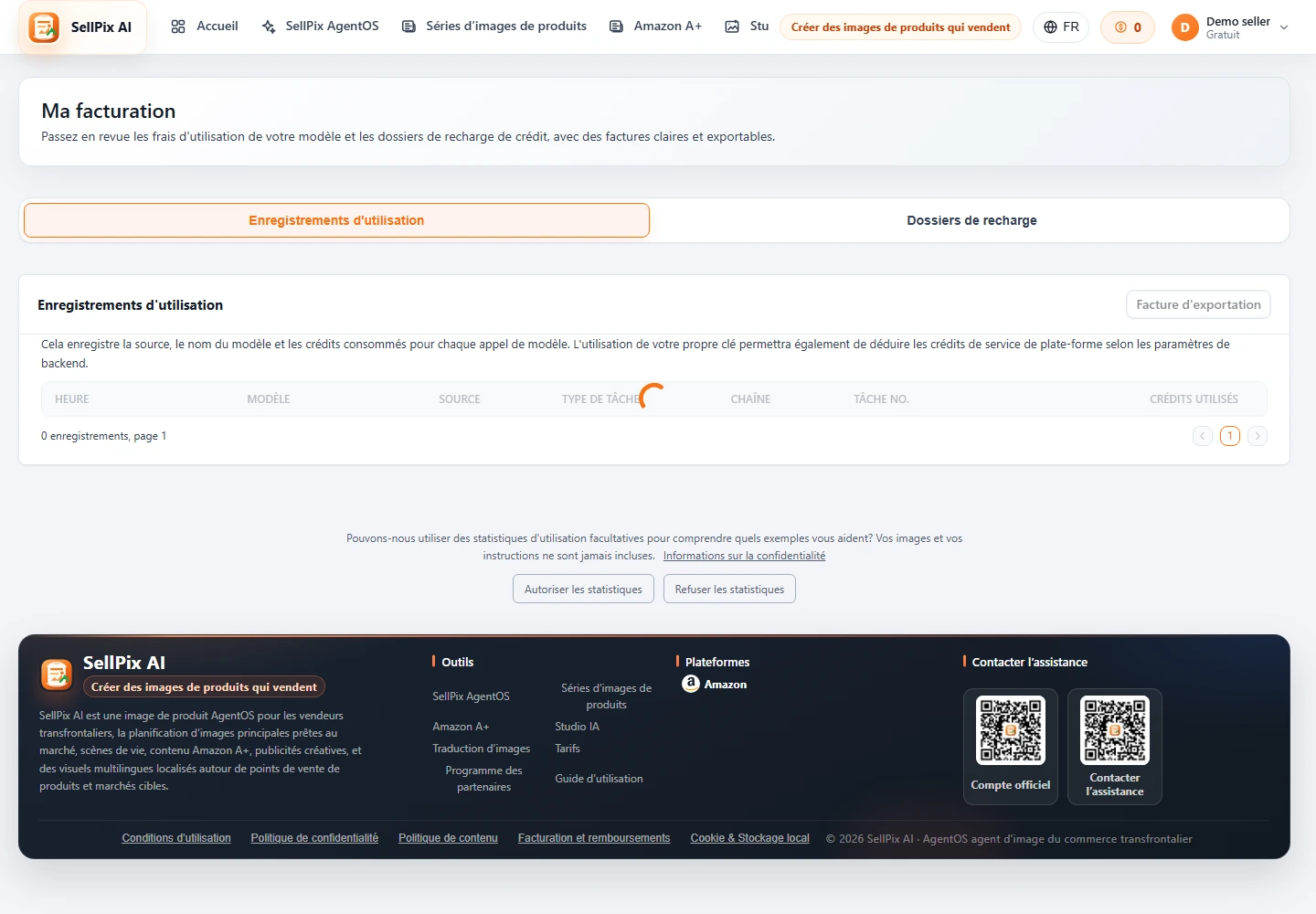 Capture d'écran du registre de crédit et du centre de facturation