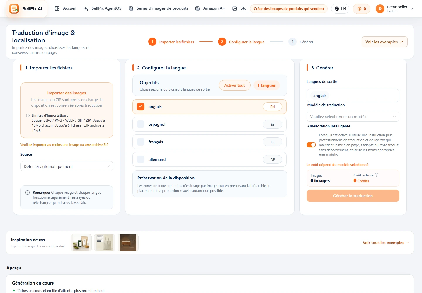 Capture d’écran de l’importation et du choix des langues pour la traduction d’images